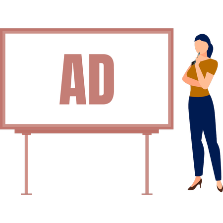 The woman is thinking about ad board  Illustration