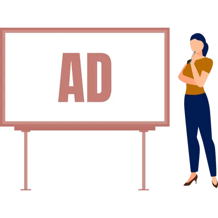 The woman is thinking about ad board  Illustration