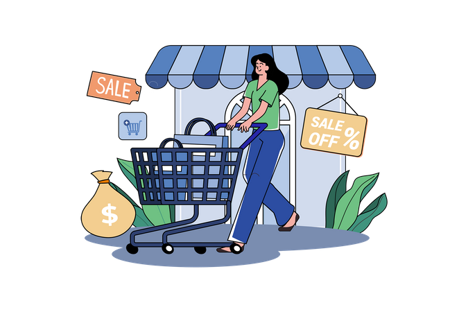 The woman pushes the shopping cart out of the store  Illustration