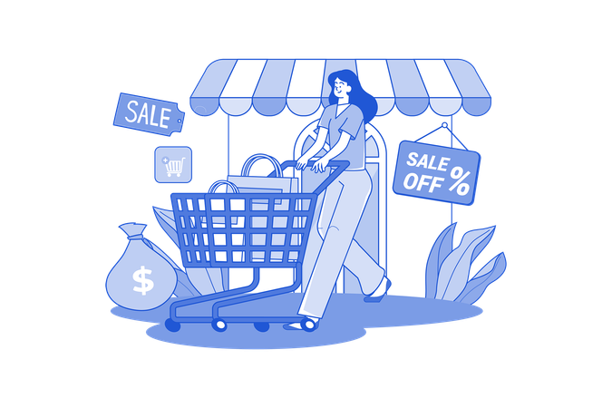 The Woman Pushes The Shopping Cart Out Of The Store  Illustration