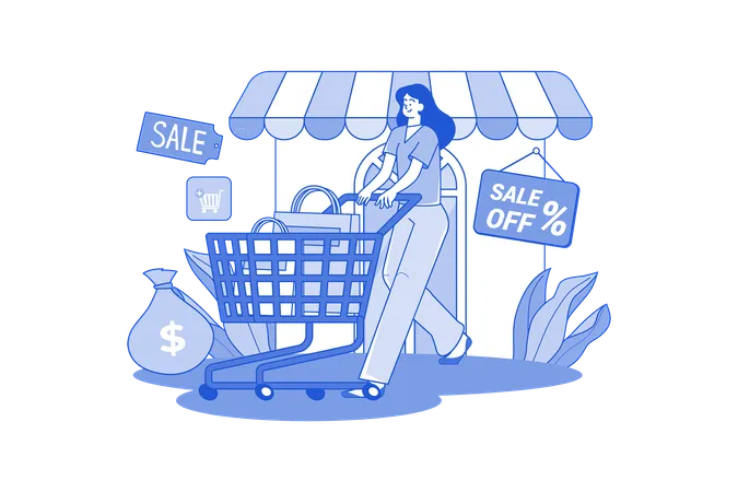 The Woman Pushes The Shopping Cart Out Of The Store  Illustration