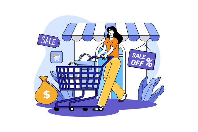 The woman pushes the shopping cart out of the store  Illustration