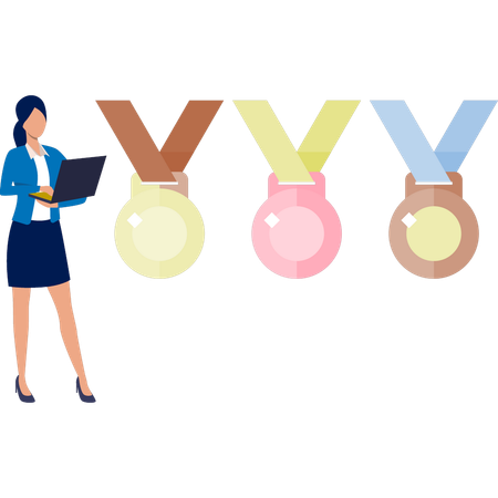 The women is checking medals on laptop  Illustration