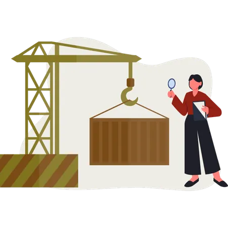 The young lady is searching warehouse management system  Illustration