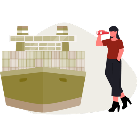 The young lady is watching shipping boat  Illustration