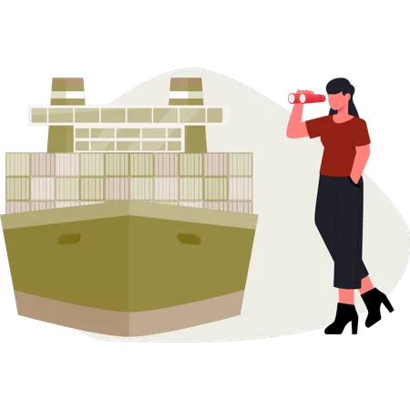 The young lady is watching shipping boat  Illustration