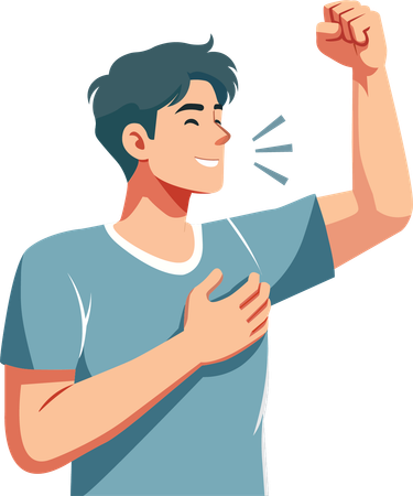 The young man shows his joy by raising his fist  Illustration