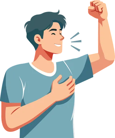 The young man shows his joy by raising his fist  Illustration