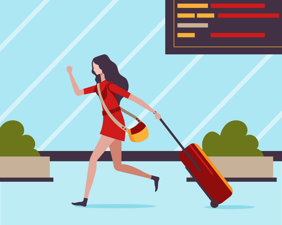 The young woman dragged her suitcase and ran fast at airport  Illustration