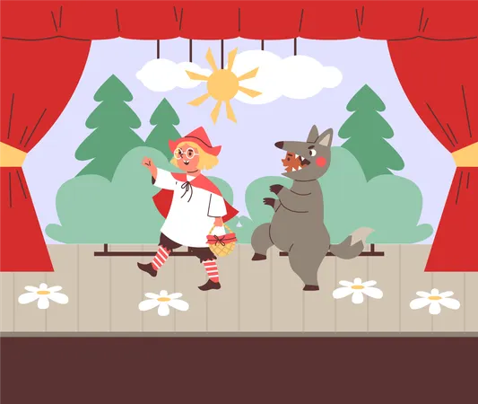 Theatre children actors performing Red Hood fairy tale  Illustration