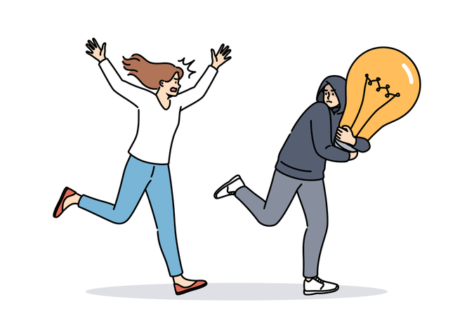 Theft intellectual property from woman running after criminal with large light bulb symbolizing idea  Illustration