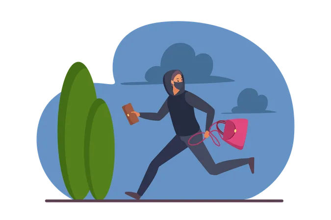 Theft Of Bag And Wallet By Thief Robbery Vector Illustration Cartoon Male Robber Character Running And Stealing Bandit In Disguise Mask Or Shoplifter Holding Stolen Property Or Money To Steal Illustration