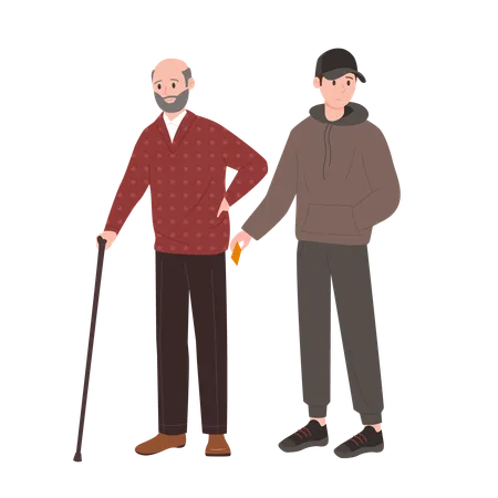 Theft From Elderly Person Vector Illustration Cartoon Isolated Young Male Robber Character In Hoodie And Baseball Cap Stealing Credit Card Wallet Or Mobile Phone From Pocket Of Old Man With Cane Illustration
