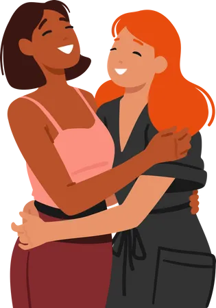Two Women Beaming With Joy Embrace In A Warm Friendly Hug Their Laughter Echoing Their Deep Bond And Cherished Friendship Characters Feel Positive Emotions Cartoon People Vector Illustration Illustration