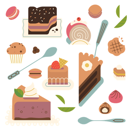 Thème boulangerie avec diverses friandises, gâteaux et desserts  Illustration