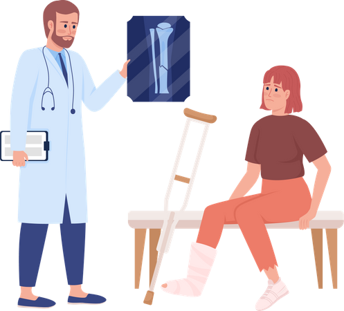 Thérapeute consultant une femme avec une jambe cassée  Illustration
