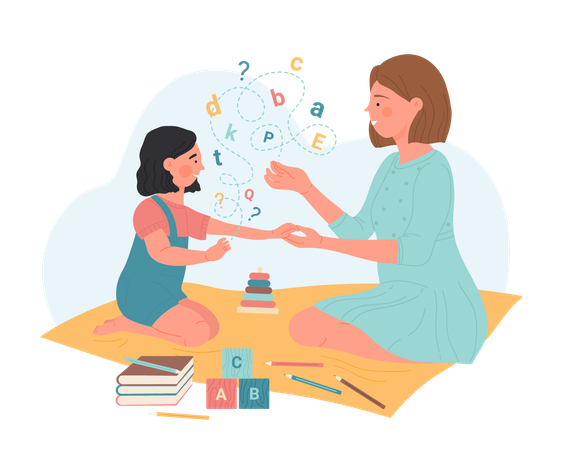 Therapist showing letters to little girl with disorder in kindergarten  Illustration