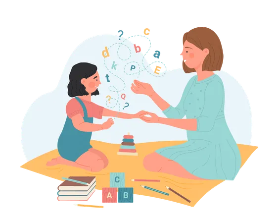 Speech Therapy Vector Illustration Cartoon Therapist Showing Letters To Little Girl With Disorder Game Development Of Childs Pronunciation At Session In Kindergarten Teacher Speaking With Kid Illustration