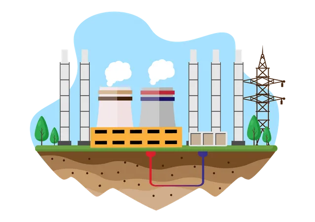 Ecological Sustainable Energy Supply Background Vector Flat Illustration Power Plant Station Buildings With Solar Panels Gas Geothermal Renewable Water And Wind Turbines Illustration