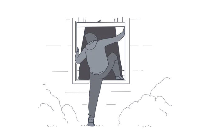 Offense Crime Theft Intruder Robbery Concept Young Male Burglar Enters Illegally Into Someone Elses House Through A Window Thief Tries To Steal Valuables Or Money By Burglary Flat Simple Vector Illustration