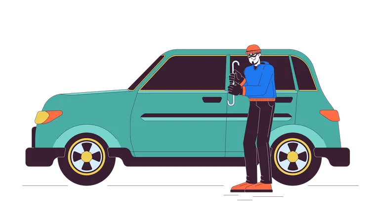 Thief Breaking Into Car Line Cartoon Flat Illustration Caucasian Criminal Man Stealing Auto 2 D Lineart Character Isolated On White Background Illegal Actions With Vehicle Scene Vector Color Image Illustration