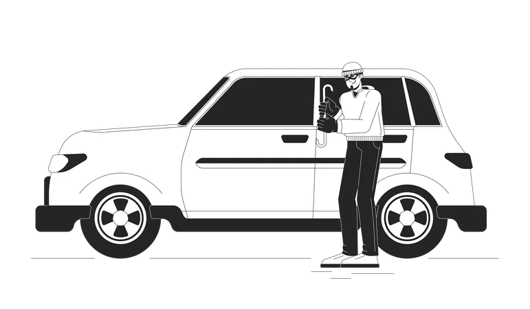 Thief Breaking Into Car Black And White Cartoon Flat Illustration Caucasian Criminal Stealing Auto 2 D Lineart Character Isolated Illegal Actions With Vehicle Monochrome Scene Vector Outline Image Illustration