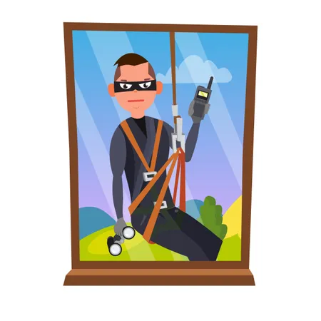 Thief Breaking Into House Through Window Illustration