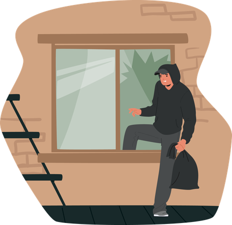 Thief Entering House Window With Bag In Hand  Illustration