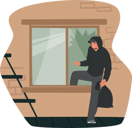 Thief Entering House Window With Bag In Hand  Illustration