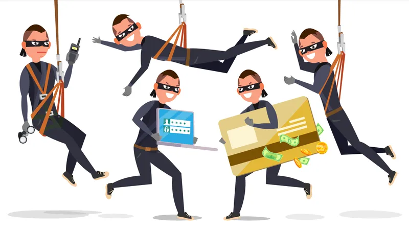 Thief, Hacker Man Stealing Credit Card Information, Personal Data, Money  Illustration