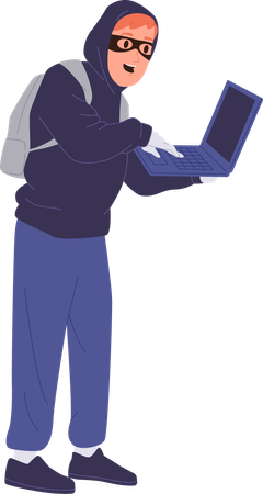 Thief hacker  wearing face mask and hoodie with computer laptop stealing user data  Illustration