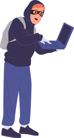 Thief hacker  wearing face mask and hoodie with computer laptop stealing user data  일러스트레이션