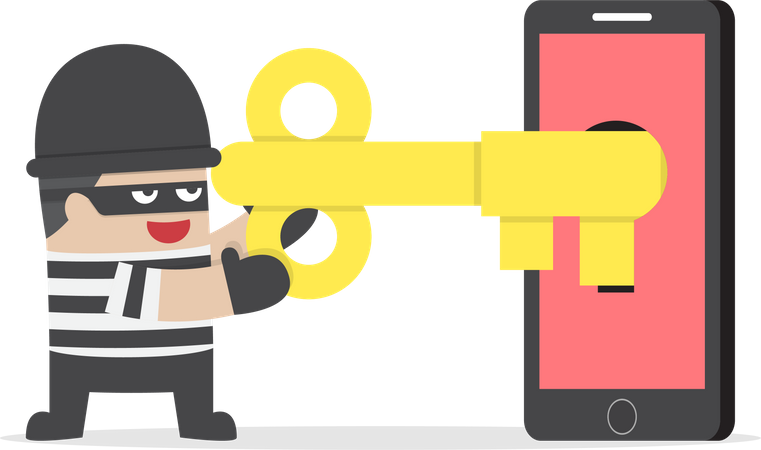 Thief hacking smartphone by key  Illustration