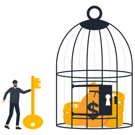 Thief have cage key and trying to stealing savings  Illustration