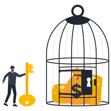 Thief have cage key and trying to stealing savings  Illustration