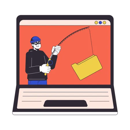 Thief Hooking Folder Laptop Screen Flat Line Concept Vector Spot Illustration Phishing Attack Crime 2 D Cartoon Outline Object On White For Web UI Design Editable Isolated Color Hero Image Illustration