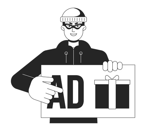 Thief In Cap Flat Line Black White Vector Character Advertising Fraud Click For Prize Editable Outline Half Body Person Cybercrime Simple Cartoon Isolated Spot Illustration For Web Graphic Design Illustration