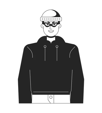 Thief In Cap Gloating Flat Line Black White Vector Character Young Caucasian Man In Hoodie Editable Outline Half Body Person Simple Cartoon Isolated Spot Illustration For Web Graphic Design Illustration
