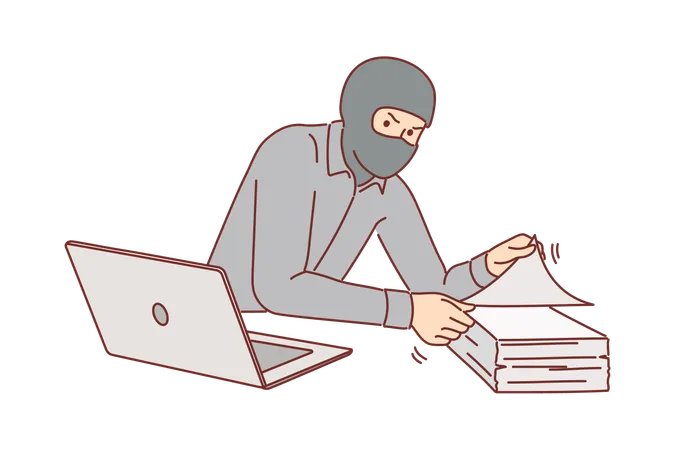 Man Gangster Steals Documents From Office Building Wearing Mask To Hide Face And Remain Anonymous Concept Of Commercial Espionage And Trying To Get Insider Documents About Upcoming Deals Illustration