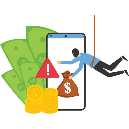 Thief on mobile phone screen stealing money  Illustration