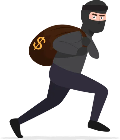 Thief robbed bank and is carrying full bag of money  Illustration