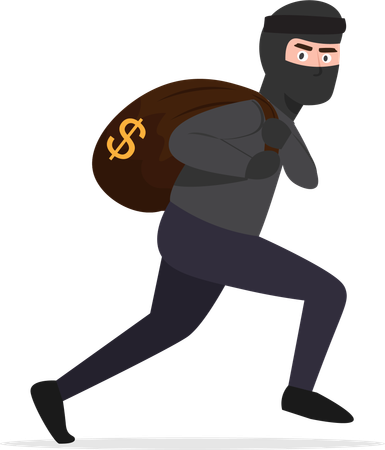 Thief robbed bank and is carrying full bag of money  Illustration