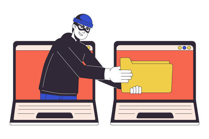 Thief stealing data from laptop  Illustration