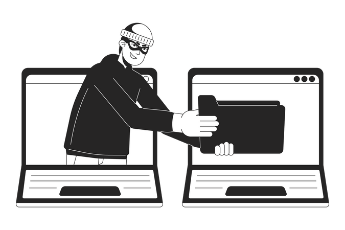 Thief stealing data from laptop  Illustration