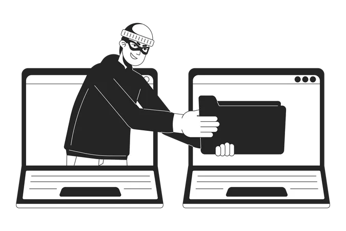 Thief Stealing Data From Laptop Bw Concept Vector Spot Illustration Phishing Attack 2 D Cartoon Flat Line Monochromatic Character For Web UI Design Cybercrime Editable Isolated Outline Hero Image Illustration