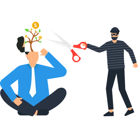 Thief Stealing Money Tree from Businessman's Head  Illustration