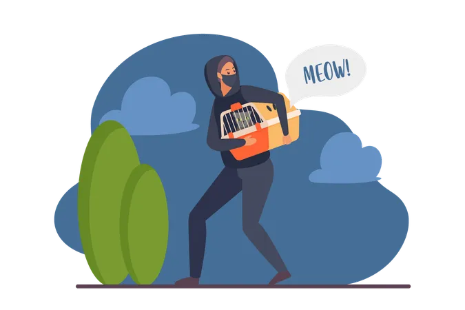 Thief Stealing Pet Vector Illustration Cartoon Male Burglar Character In Disguise Mask On Face And Hoodie Holding Plastic Carrier Box With Stolen Cat Inside To Steal Meow Word In Speech Bubble Illustration