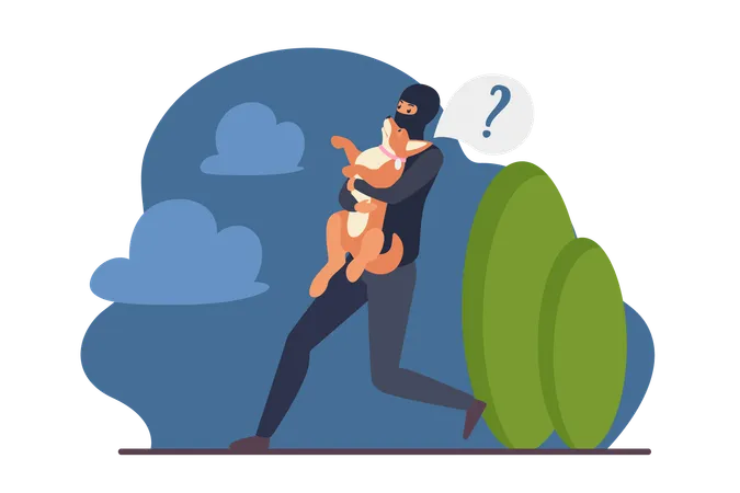 Thief Stealing Pet Vector Illustration Cartoon Male Criminal Burglar Character In Disguise Balaclava Of Bandit Holding Stolen Caught Dog And Running To Steal Domestic Animal Puppy Robbery Crime イラスト