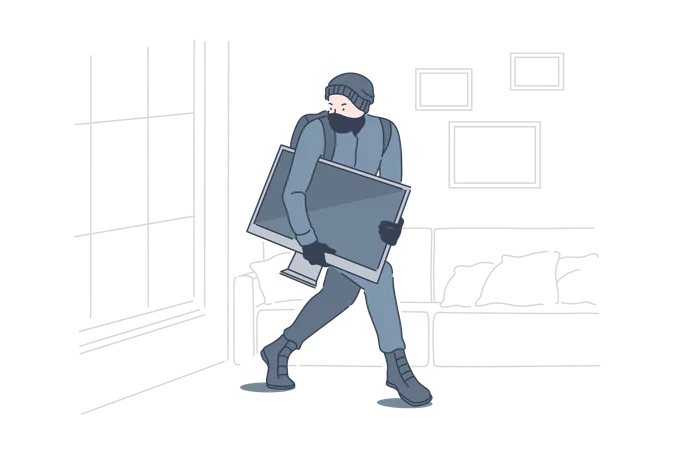 Burglary Crime Robbery Theft Concept Robber Stealing TV Set From Apartment Lawbreaker Masked Thief Housebreaker Sneaking With Tv Set In Darkness Simple Flat Vector Illustration
