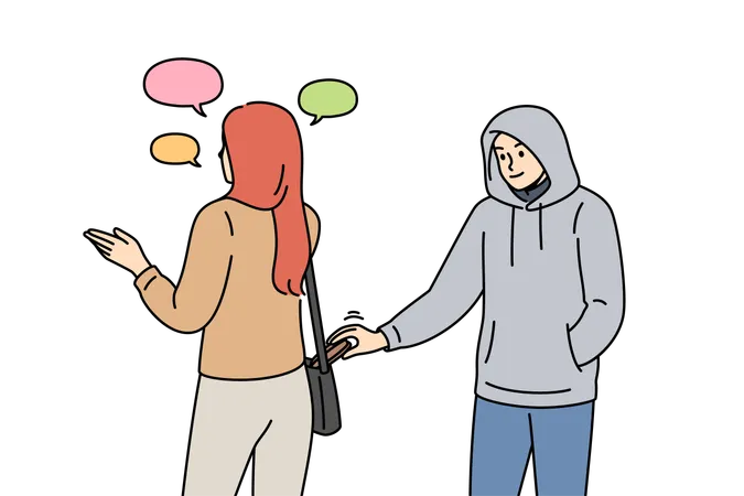 도둑이 지나가는 사람들에게서 돈을 훔치면서 전화통화를 하는 여성 가방에서 지갑을 훔쳤다  일러스트레이션